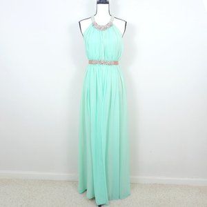 Boston Proper Mint Beaded Goddess Maxi Sleeveless Ribbon Tie Waist Halter Dress